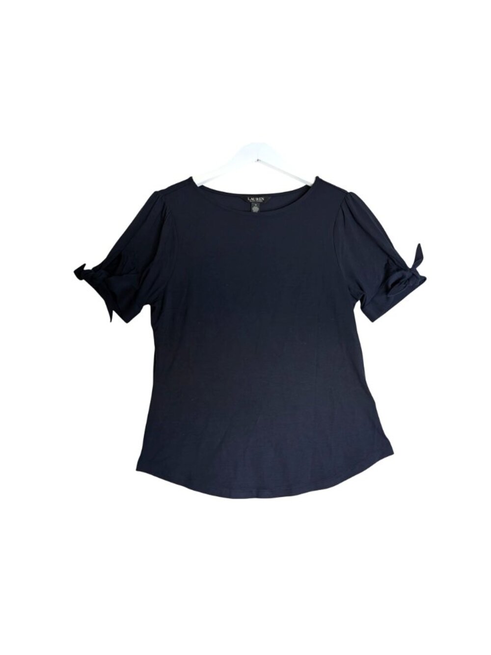 Lauren Ralph Lauren Navy Tie Knot-Sleeve Sz M Top Puff Sleeves Nautical - Picture 2 of 10